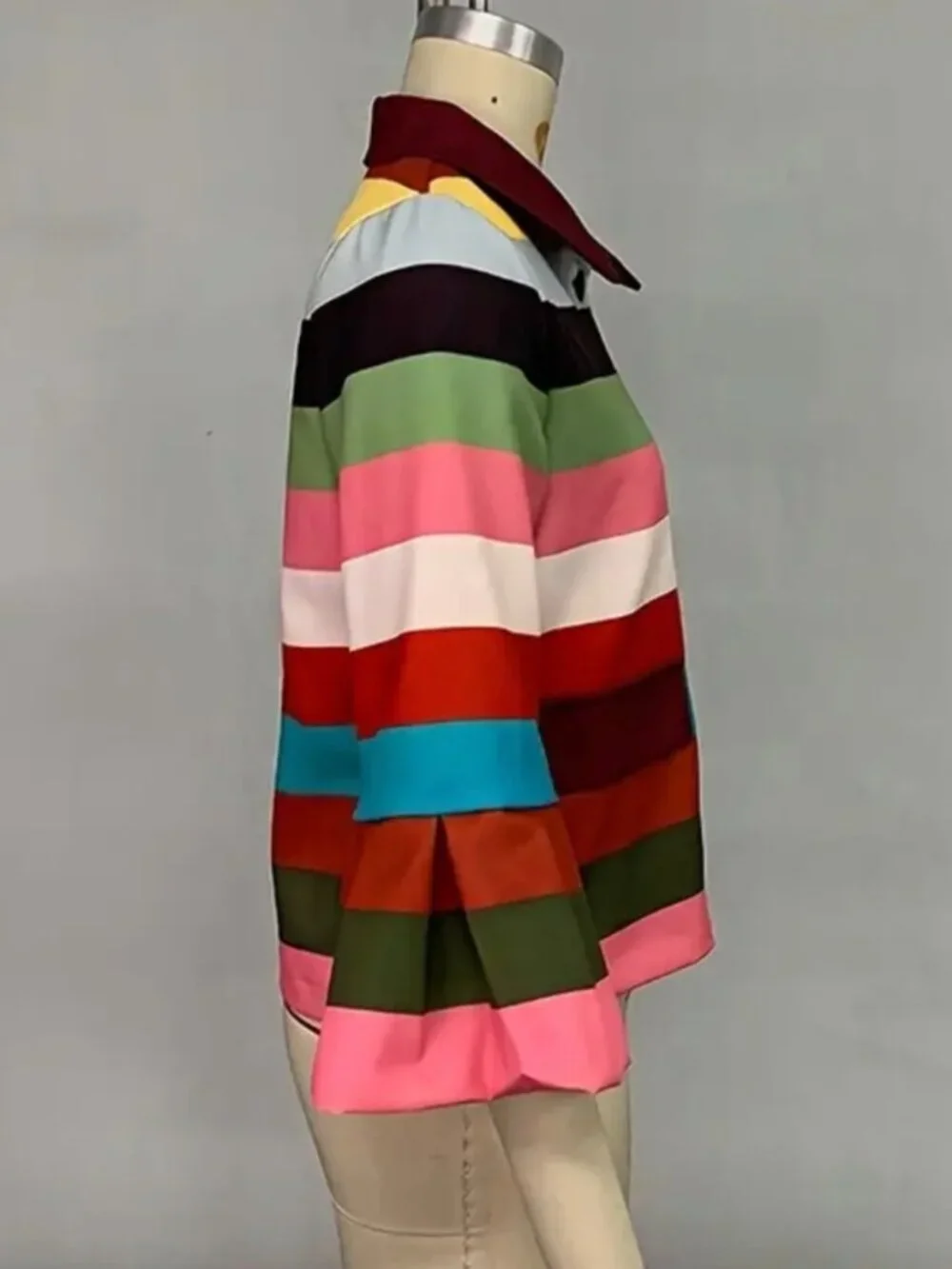 Female Vintage Multi-Colored Striped Lapel Elegant Jackets New Flared Sleeves